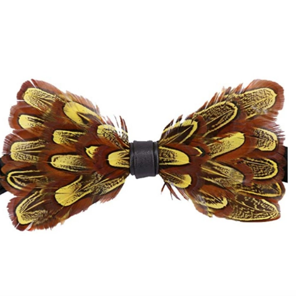 Mens Natural Feather Pre Tied Bowtie Brown